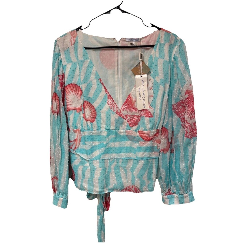 Hollywould Blouse Women 44 Top Boho Coral Aqua New V Neck Long Sleeve Tie Zip